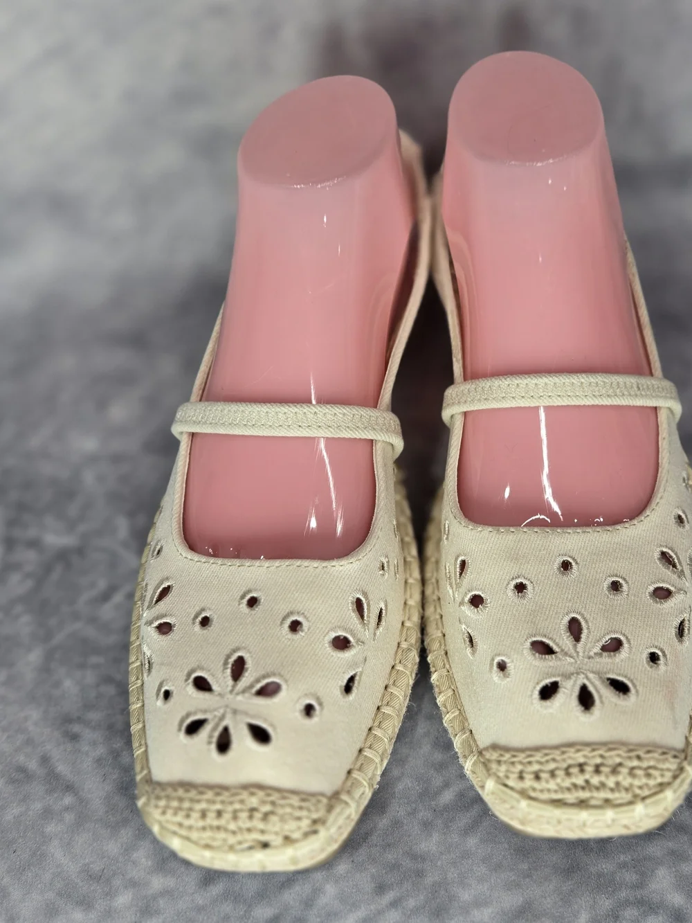 Time and Tru Cream Mary Jane Espadrille Flats with Floral Cutouts